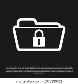 Black Folder and lock icon isolated on black background. Closed folder and padlock. Security, safety, protection concept. Vector Illustration