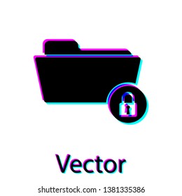 Black Folder and lock icon isolated on white background. Closed folder and padlock. Security, safety, protection concept. Vector Illustration