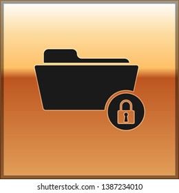 Black Folder and lock icon isolated on gold background. Closed folder and padlock. Security, safety, protection concept. Vector Illustration