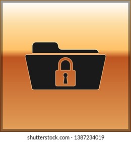 Black Folder and lock icon isolated on gold background. Closed folder and padlock. Security, safety, protection concept. Vector Illustration