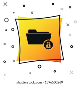 Black Folder and lock icon isolated on white background. Closed folder and padlock. Security, safety, protection concept. Yellow square button. Vector Illustration