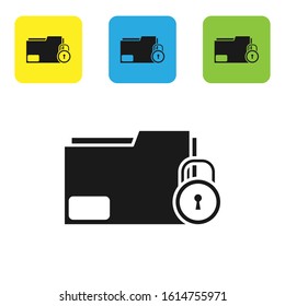 Black Folder and lock icon isolated on white background. Closed folder and padlock. Security, safety, protection concept. Set icons colorful square buttons. Vector Illustration