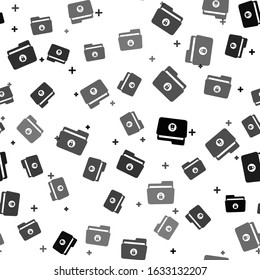 Black Folder and lock icon isolated seamless pattern on white background. Closed folder and padlock. Security, safety, protection concept.  Vector Illustration