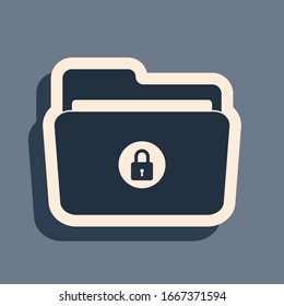 Icono de carpeta negra y bloqueo aislado en fondo gris. 