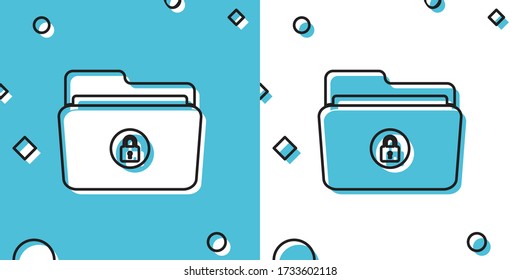 Black Folder and lock icon isolated on blue and white background. Closed folder and padlock. Security, safety, protection concept. Random dynamic shapes. Vector Illustration