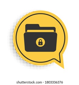 Icono de carpeta negra y bloqueo aislado en fondo blanco. Carpeta cerrada y candado. Seguridad, seguridad, concepto de protección. Símbolo amarillo de burbuja de habla. Vector.