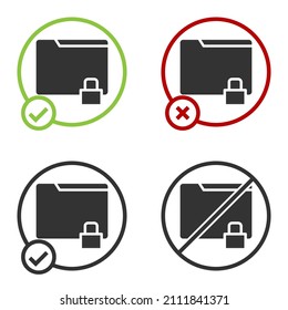 Black Folder and lock icon isolated on white background. Closed folder and padlock. Security, safety, protection concept. Circle button. Vector Illustration