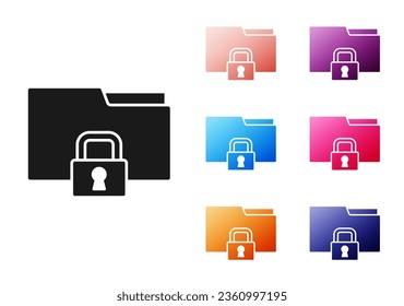 Icono de carpeta negra y bloqueo aislado en fondo blanco. Carpeta cerrada y candado. Seguridad, seguridad, concepto de protección. Indique los iconos en colores. Vector