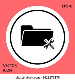 Black Folder with screwdriver and wrench icon isolated on red background. Adjusting, service, setting, maintenance, repair, fixing. White circle button. Vector Illustration
