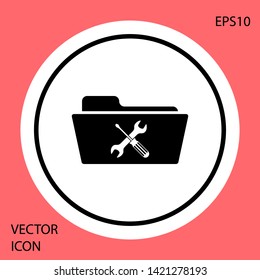 Black Folder with screwdriver and wrench icon isolated on red background. Adjusting, service, setting, maintenance, repair, fixing. White circle button. Vector Illustration