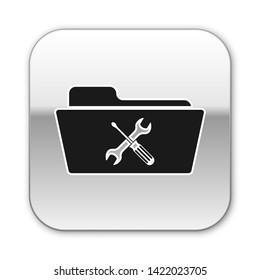 Black Folder with screwdriver and wrench icon isolated on white background. Adjusting, service, setting, maintenance, repair, fixing. Silver square button. Vector Illustration