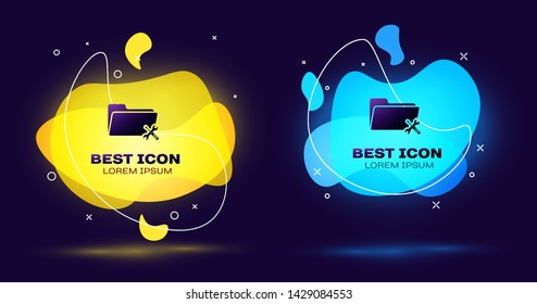 Black Folder with screwdriver and wrench icon isolated on blue background. Adjusting, service, setting, maintenance, repair, fixing. Set of liquid color abstract geometric shapes. Vector Illustration