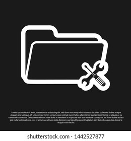 Black Folder with screwdriver and wrench icon isolated on black background. Adjusting, service, setting, maintenance, repair, fixing.  Vector Illustration