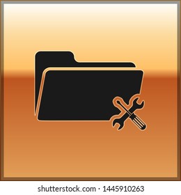 Black Folder with screwdriver and wrench icon isolated on gold background. Adjusting, service, setting, maintenance, repair, fixing.  Vector Illustration