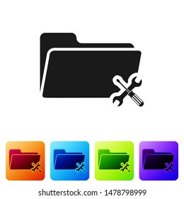 Black Folder with screwdriver and wrench icon isolated on white background. Adjusting, service, setting, maintenance, repair, fixing. Set icon in color square buttons. Vector Illustration