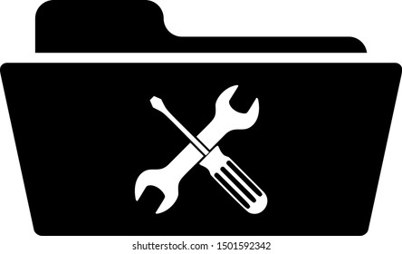 Black Folder with screwdriver and wrench icon isolated on white background. Adjusting, service, setting, maintenance, repair, fixing.  Vector Illustration