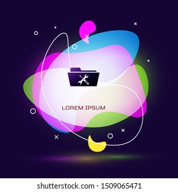 Black Folder with screwdriver and wrench icon isolated on dark blue background. Adjusting, service, setting, maintenance, repair, fixing. Abstract banner with liquid shapes. Vector Illustration