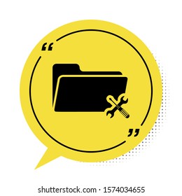 Black Folder with screwdriver and wrench icon isolated on white background. Adjusting, service, setting, maintenance, repair, fixing. Yellow speech bubble symbol. Vector Illustration