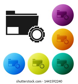 Black Folder settings with gears icon isolated on white background. Software update, transfer protocol, teamwork tool management, copy process. Set icons colorful circle buttons. Vector Illustration