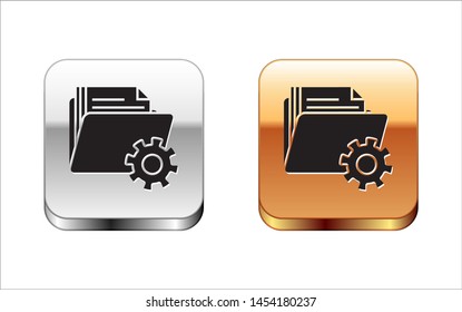 Black Folder settings with gears icon isolated on white background. Software update, transfer protocol, teamwork tool management. Silver-gold square button. Vector Illustration