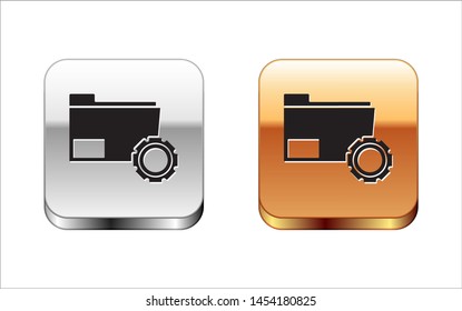 Black Folder settings with gears icon isolated on white background. Software update, transfer protocol, teamwork tool management, copy process. Silver-gold square button. Vector Illustration