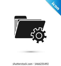 Black Folder settings with gears icon isolated on white background. Software update, transfer protocol, teamwork tool management.  Vector Illustration