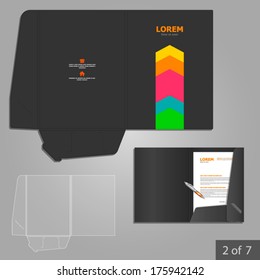 Black folder template design for company with color arrows. Element of stationery.