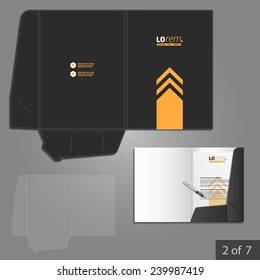 Black folder template design for company with yellow arrow. Element of stationery.