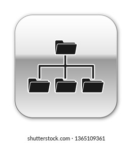 Black Folder tree icon isolated on white background. Computer network file folder organization structure flowchart. Silver square button. Vector Illustration
