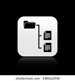 Black Folder tree icon isolated on black background. Computer network file folder organization structure flowchart. Silver square button. Vector Illustration