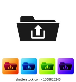 Black Folder upload icon isolated on white background. Set icon in color square buttons. Vector Illustration