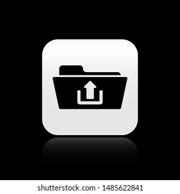 Black Folder upload icon isolated on black background. Silver square button. Vector Illustration