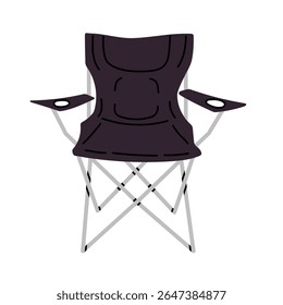 Black folding camping chair with armrests, isolated on white background. Compact outdoor seat for travel and leisure.