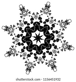 Black folk floral ornament with strawberries illustration.