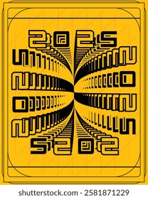 black font alphabet is harmoniously juxtaposed with the numeric representation of 2025 against a Abstract Illusion: Black and Yellow Spiral with Numeric and Alphabetic Patterns	
