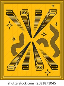 black font alphabet intertwines with the digits denoting the year 2025 set against a Spiral Illusion: Repeating Numbers and Letters in Black and Yellow	
