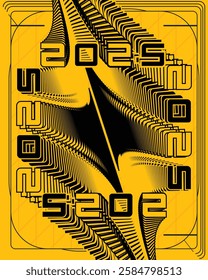 black font alphabet and the numbers of 2025 set against a Dynamic Spiral: Repeating Symbols Creating Depth and Movement
