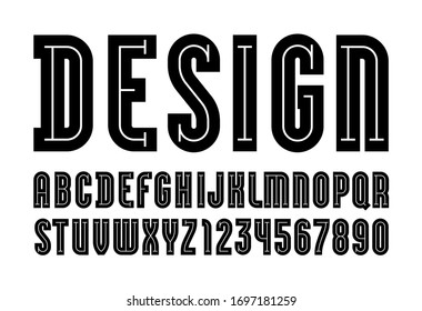 Black font, modern alphabet, dark trendy letters (A, B, C, D, E, F, G, H, I, J, K, L, M, N, O, P, Q, R, S, T, U, V, W, X, Y, Z) and numerals (0, 1, 2, 3, 4, 5, 6, 7, 8, 9), vector illustration 10eps