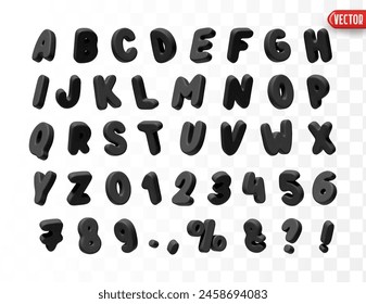 Black Font realistic 3d design. Complete alphabet and numbers from 0 to 9. Collection of large letters in cartoon style. Fonts are voluminous with different slants. Vector illustration