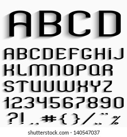 Black font with shadow, numbers and punctuation marks. Vector set