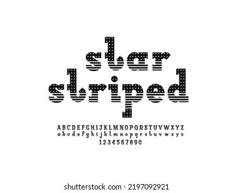 Black font, slab serif alphabet, uppercase and lowercase letters and numbers made in striped stars style, vector illustration 10EPS