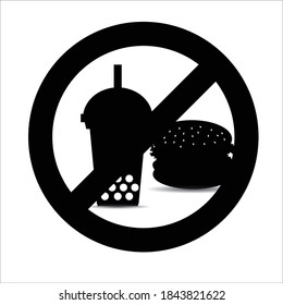 Black food and beverage prohibition sign on white background