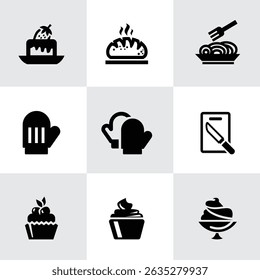 Black Food Icon Vector Set – Silhouette Cooking, Kitchen, Drink, Fruit, Vegetable, Chef, Cutlery, Seafood, and Meal Icons – Simple Clip Art for Menu Design, Packaging, and Graphic Projects