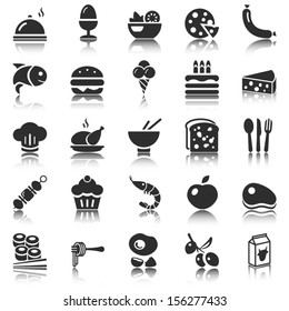 black food icons set with reflection