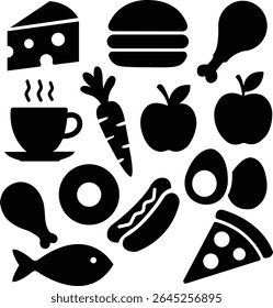 Black Food Icons Set - Vector Silhouette Collection of Food and Drink Items.