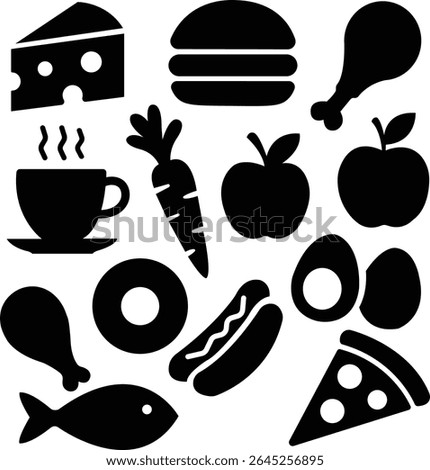 Black Food Icons Set - Vector Silhouette Collection of Food and Drink Items.