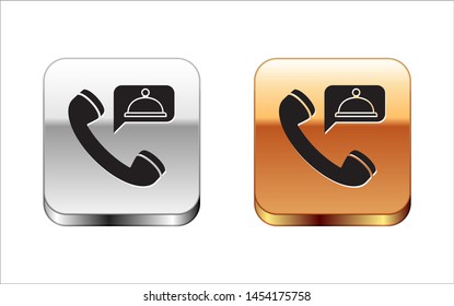 Black Food ordering icon isolated on white background. Order by mobile phone. Restaurant food delivery concept. Silver-gold square button. Vector Illustration