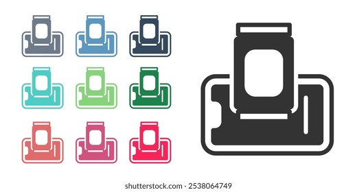 Black Food ordering on mobile icon isolated on white background. Order by mobile phone. Restaurant food delivery concept. Set icons colorful. Vector