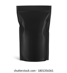 Black food pouch bag isolated on white background. Vector illustration. Front view. Can be use for template your design, presentation, promo, ad. EPS10.	