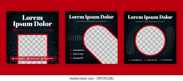 black food and restaurant social media pack for steak, hotel, delivery industry. Vector design can be used for website, web page, poster, flyer, background, billboard, print letter, invitation, ads